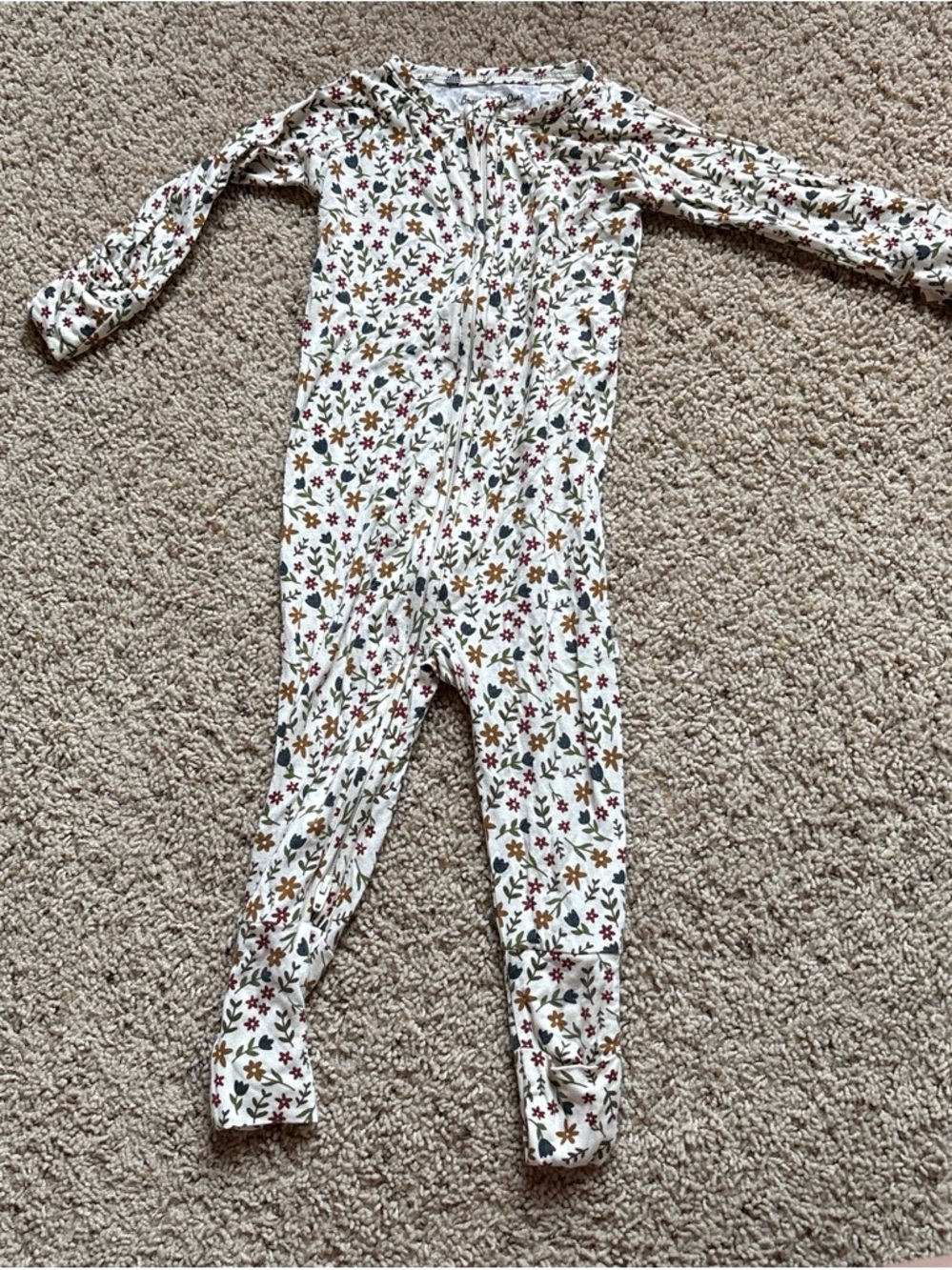 Cream Floral Zip-Front Kids Footie Pajamas